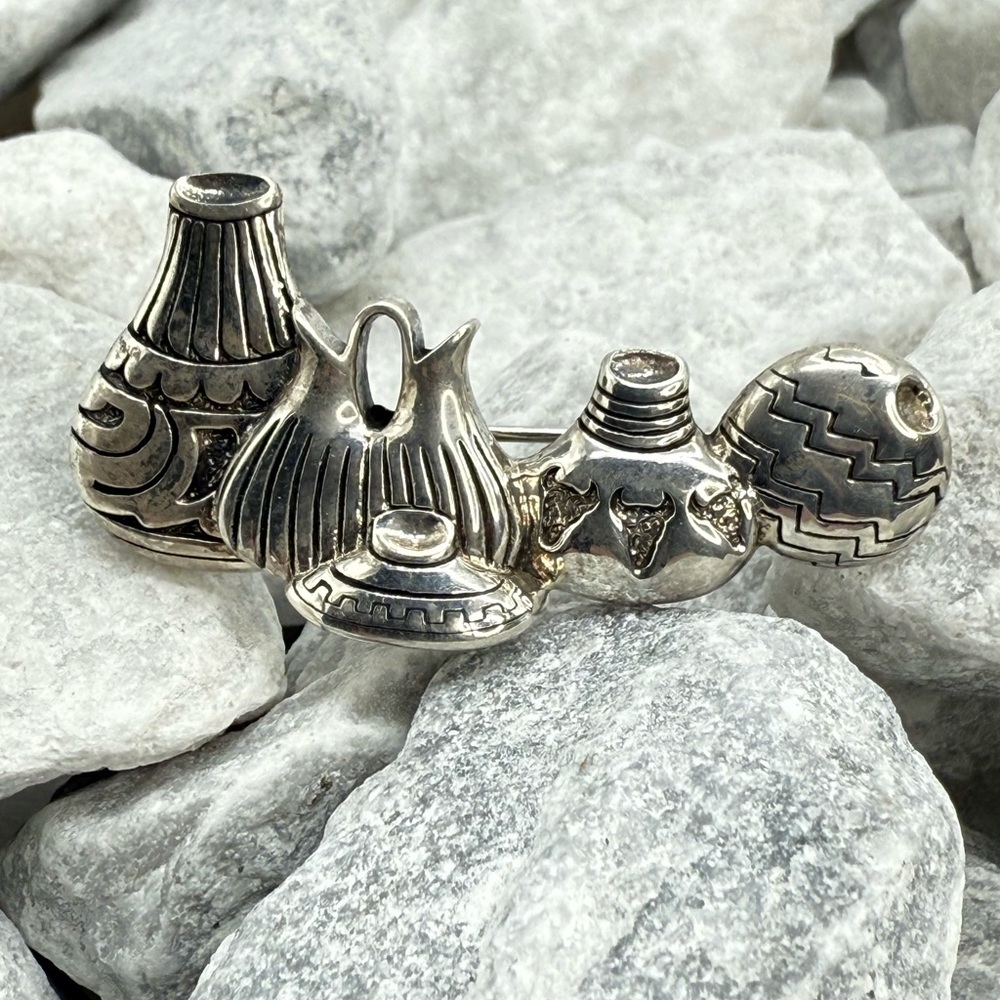 Vintage Sterling Silver 925 Native American Pottery Brooch Southwestern 2” 13g - Picture 9 of 11